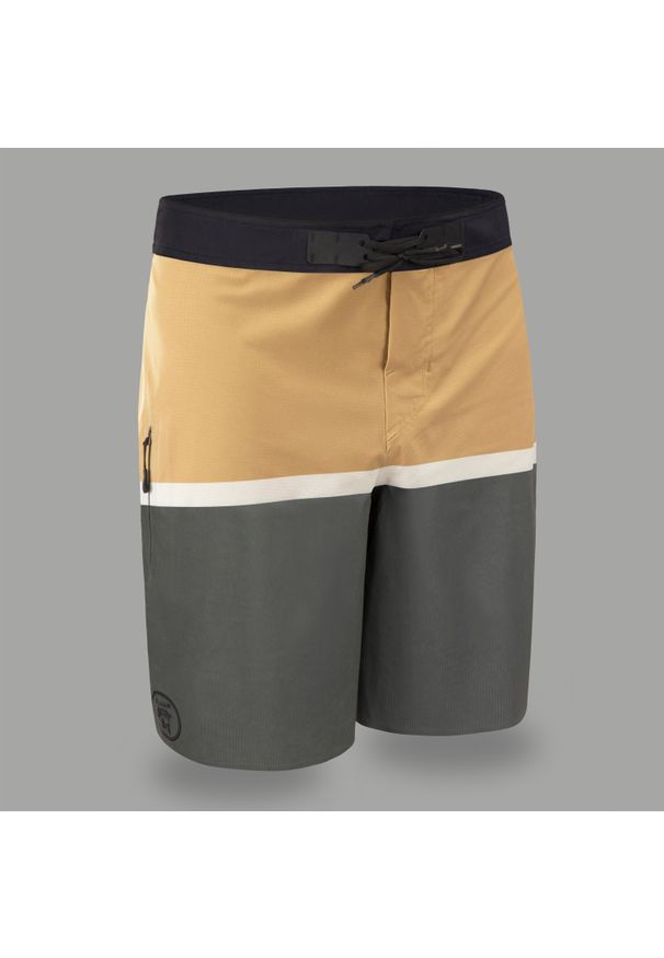OLAIAN - Spodenki surfingowe standardowe męskie Olaian 900 Dude Flat Belt. Kolor: wielokolorowy, czarny, zielony. Materiał: materiał, poliester, elastan. Wzór: aplikacja. Styl: klasyczny