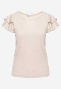 Renee - Beżowa Gładka Bluzka z Bawełny z Rękawkami z Falbanek Nedaxera. Okazja: na co dzień, na randkę, na imprezę. Typ kołnierza: kołnierz z falbankami. Kolor: beżowy. Materiał: bawełna. Długość rękawa: krótki rękaw. Wzór: gładki. Styl: casual #7