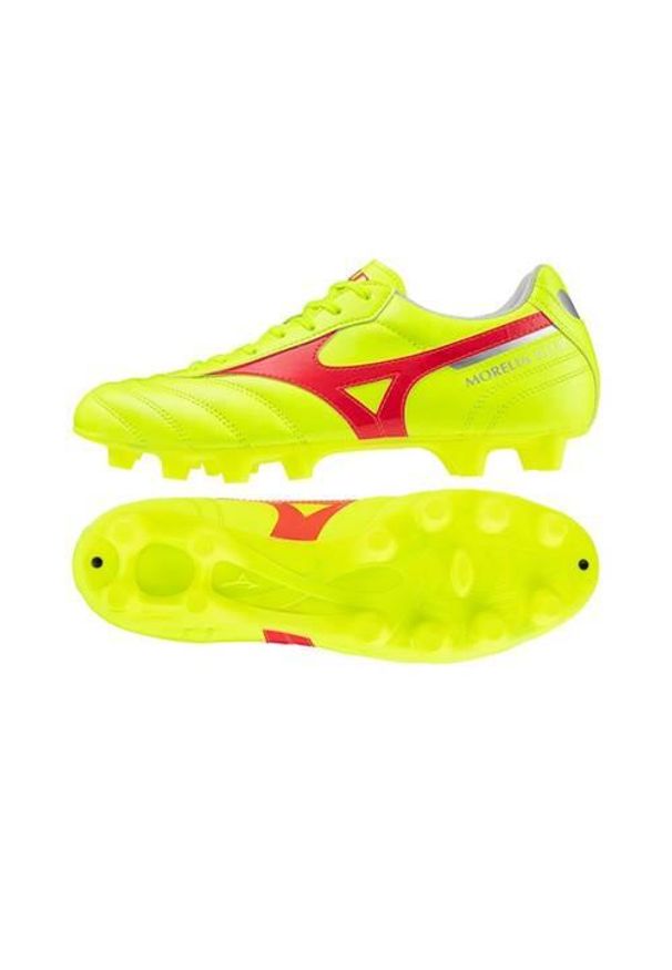 Buty piłkarskie męskie Mizuno Morelia Ii Club Md. Zapięcie: sznurówki. Kolor: szary, czerwony, wielokolorowy, żółty. Materiał: materiał, syntetyk. Szerokość cholewki: normalna. Sport: piłka nożna