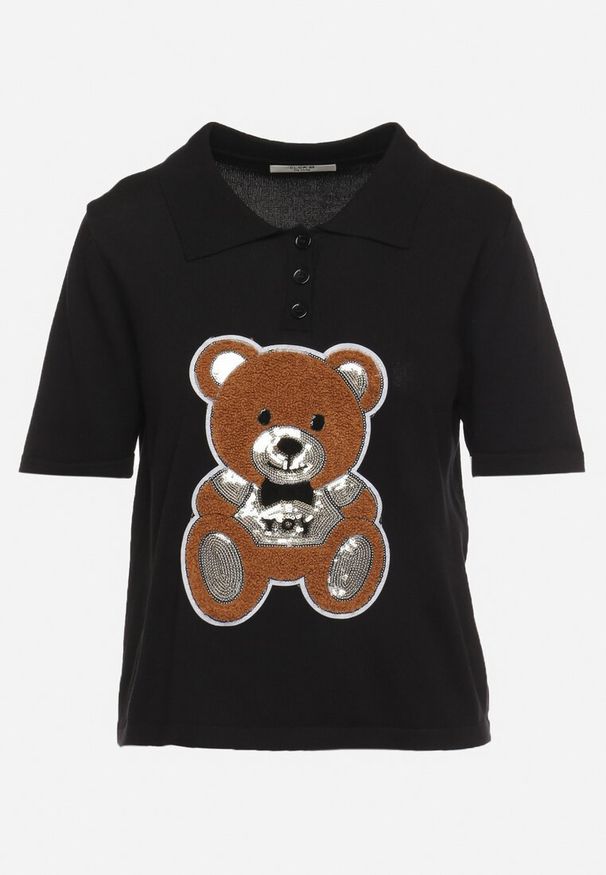 Born2be - Czarna Wiskozowa Bluzka z Naszywką w Kształcie Misia z Cekinami Stivenna. Okazja: na co dzień. Kolor: czarny. Materiał: wiskoza. Wzór: aplikacja. Sezon: lato. Styl: casual, klasyczny