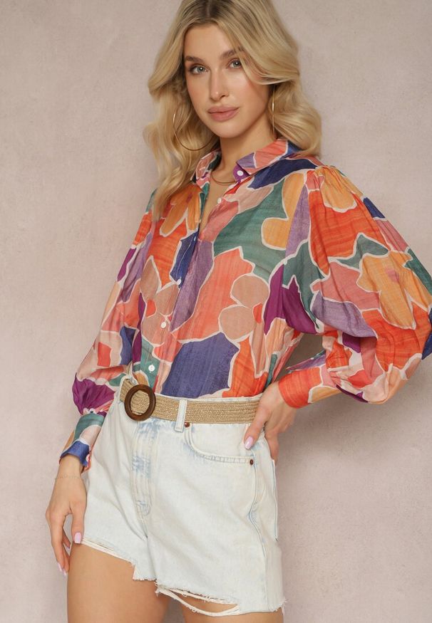 Renee - Pomarańczowo-Granatowa Koszula z Długim Rękawem i Szerokimi Mankietami Zapinana na Guziki Comenna. Okazja: na co dzień, na spotkanie biznesowe. Kolor: pomarańczowy. Materiał: wiskoza. Długość rękawa: długi rękaw. Długość: długie. Styl: casual, biznesowy, elegancki, klasyczny