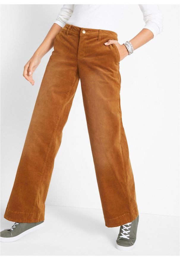 bonprix - Spodnie sztruksowe ze stretchem, wide leg. Kolor: brązowy. Materiał: sztruks