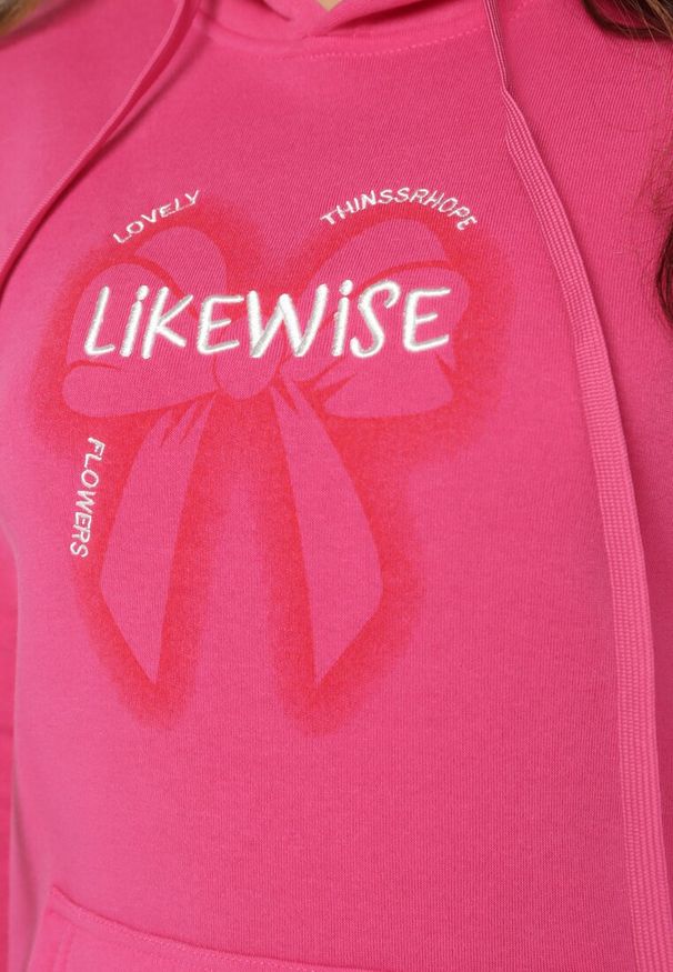 Born2be - Różowa Polarowa Bluza z Kapturem i Ściągaczami Ozdobiona Nadrukiem Mleza. Typ kołnierza: kaptur. Kolor: różowy. Materiał: polar. Wzór: aplikacja, nadruk