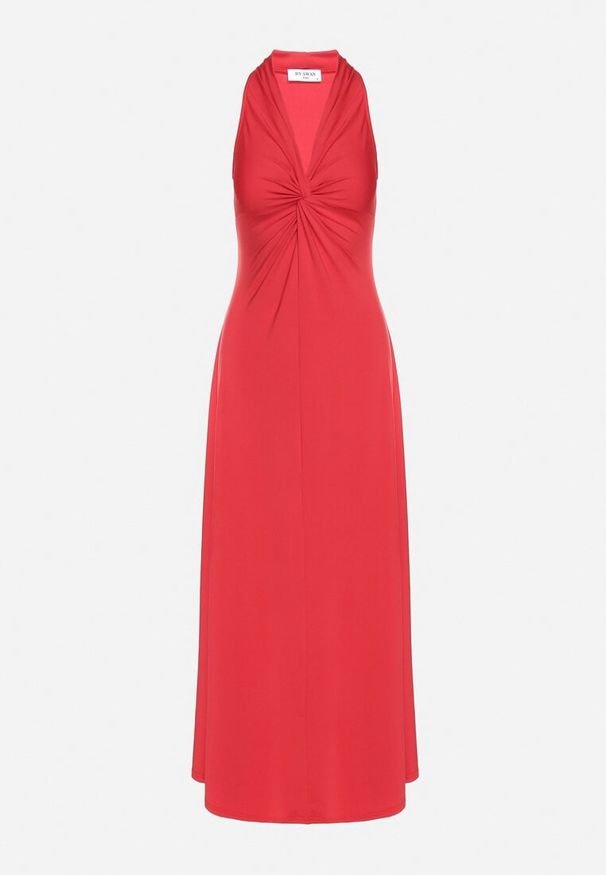 Born2be - Czerwona Rozkloszowana Sukienka Bez Rękawów z Wiskozą Zdobiona Marszczeniem Folenissa. Okazja: na imprezę. Typ kołnierza: kokarda, dekolt w kształcie V. Kolor: czerwony. Materiał: wiskoza. Długość rękawa: bez rękawów. Wzór: aplikacja. Typ sukienki: rozkloszowane