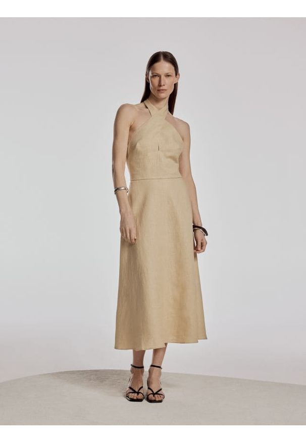 Reserved - Lniana sukienka z wiązaniem - beżowy. Kolor: beżowy. Materiał: len