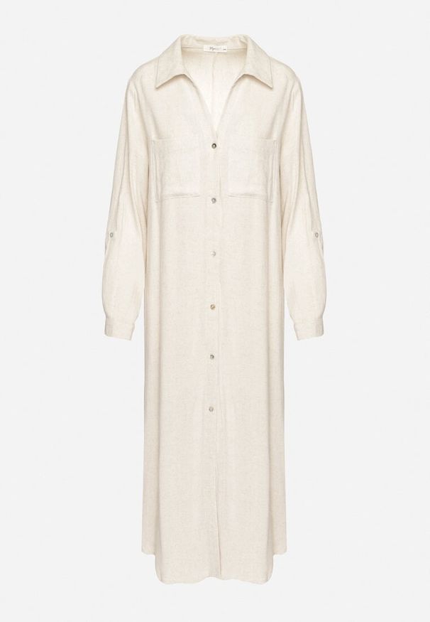 Born2be - Beżowa Koszulowa Sukienka z Lnem i Wiskozą z Regulowanymi Rękawami Melvezia. Okazja: na co dzień. Kolor: beżowy. Materiał: len, wiskoza. Typ sukienki: koszulowe. Styl: casual