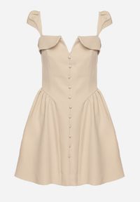 Born2be - Beżowa Rozkloszowana Sukienka z Ozdobnym Dekoltem i Guzikami Salasesia. Okazja: na co dzień. Typ kołnierza: dekolt kwadratowy. Kolor: beżowy. Styl: casual, elegancki #6
