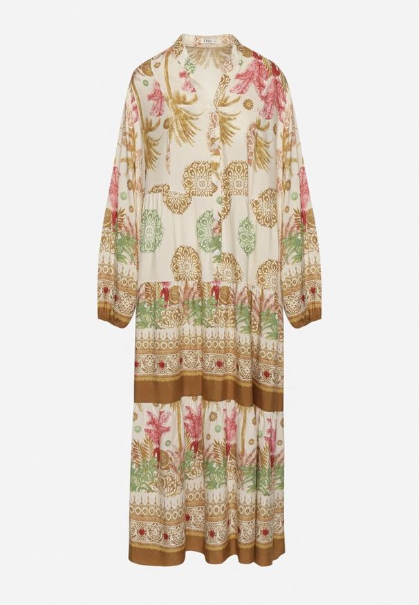 Born2be - Beżowa Wiskozowa Sukienka w Etniczne Wzory o Rozkloszowanym Kroju Xarisen. Okazja: na co dzień. Typ kołnierza: dekolt w kształcie V. Kolor: beżowy. Materiał: wiskoza. Długość rękawa: długi rękaw. Styl: casual, elegancki, klasyczny