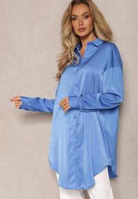 Renee - Niebieska Gładka Koszula Sukienka Mini na Guziki Daphrae. Kolor: niebieski. Materiał: materiał. Wzór: gładki #3