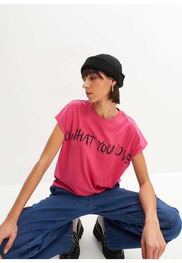bonprix - T-shirt oversize z czystej bawełny organicznej. Kolor: różowy. Materiał: bawełna. Wzór: nadruk