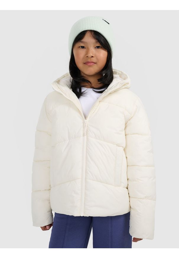 4f - 4F Kurtka puchowa z wypełnieniem syntetycznym dziewczęca - biała 122 (6-7 lat). Kolor: biały. Materiał: puch, syntetyk. Wzór: gładki. Sezon: lato