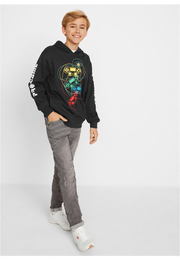 bonprix - Bluza z kapturem z czystej bawełny organicznej. Typ kołnierza: kaptur. Kolor: czarny. Materiał: bawełna. Wzór: nadruk