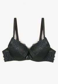 Renee - Ciemnozielony Biustonosz Push Up Ozdobione Koronką Sonevia. Kolor: zielony. Materiał: koronka. Rodzaj stanika: push-up. Wzór: koronka, aplikacja