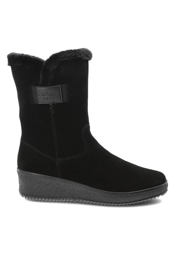 Czarne Botki Rieker Ocieplane Buty Damskie Na Koturnie. Okazja: na co dzień. Kolor: czarny. Materiał: zamsz, futro. Sezon: zima. Obcas: na koturnie. Styl: klasyczny, casual, elegancki