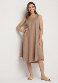 Born2be - Ciemnobeżowa Rozkloszowana Klasyczna Sukienka Lunetira. Okazja: na co dzień, na spacer. Kolor: beżowy. Materiał: jeans. Typ sukienki: proste. Styl: klasyczny #6