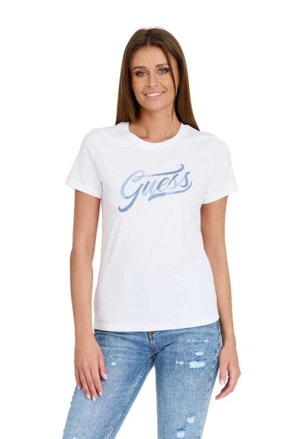 Guess - GUESS Biały damski T-shirt bawełniany STONES&EMBRO TEE, Rozmiar L. Kolor: biały. Materiał: bawełna
