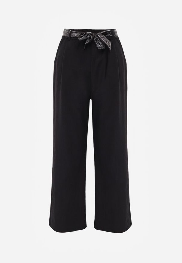 Renee - Granatowe Bawełniano-Wiskozowe Spodnie Wide Leg z Paskiem Typu Apaszka Arlethia. Kolor: niebieski. Materiał: bawełna, wiskoza. Styl: elegancki