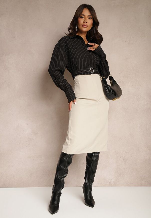 Renee - Beżowa Spódnica o Ołówkowym Kroju High Waist z Rozcięciem z Tyłu Liozia. Okazja: na spotkanie biznesowe. Stan: podwyższony. Kolor: beżowy. Materiał: jedwab. Wzór: gładki. Styl: biznesowy, elegancki