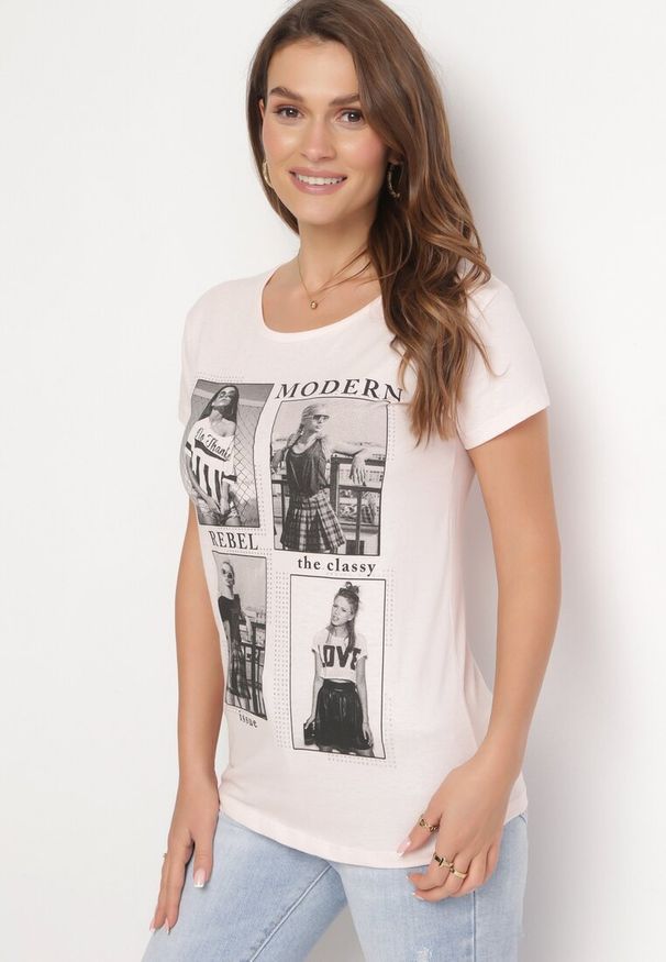 Born2be - Jasnoróżowy Bawełniany T-shirt z Nadrukiem i Brokatem Kruita. Kolor: różowy. Materiał: bawełna. Długość rękawa: krótki rękaw. Długość: krótkie. Wzór: nadruk