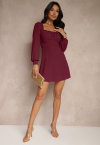 Renee - Fioletowa Sukienka Ozdobione Bufiastymi Rękawami Sopivara. Okazja: na co dzień. Kolor: fioletowy. Wzór: aplikacja. Styl: elegancki, casual #3