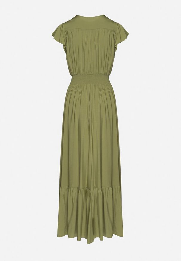 Born2be - Zielona Bawełniana Sukienka Maxi z Kopertową Górą Rozkloszowana Xaliara. Okazja: na ślub cywilny, na imprezę, na wesele. Kolor: zielony. Materiał: bawełna. Sezon: lato. Typ sukienki: kopertowe. Długość: maxi