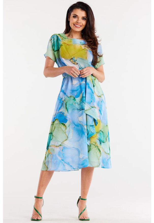 Awama - Zwiewna sukienka szyfonowa rozkloszowana niebieska. Kolor: niebieski. Materiał: szyfon. Styl: wakacyjny