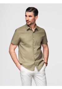 Ombre Clothing - Męska koszula z bawełny i lnu z krótkim rękawem i kieszonką – oliwkowa V6 - Rozmiar: M. Kolor: oliwkowy. Materiał: bawełna, len. Długość rękawa: krótki rękaw. Długość: krótkie. Sezon: lato