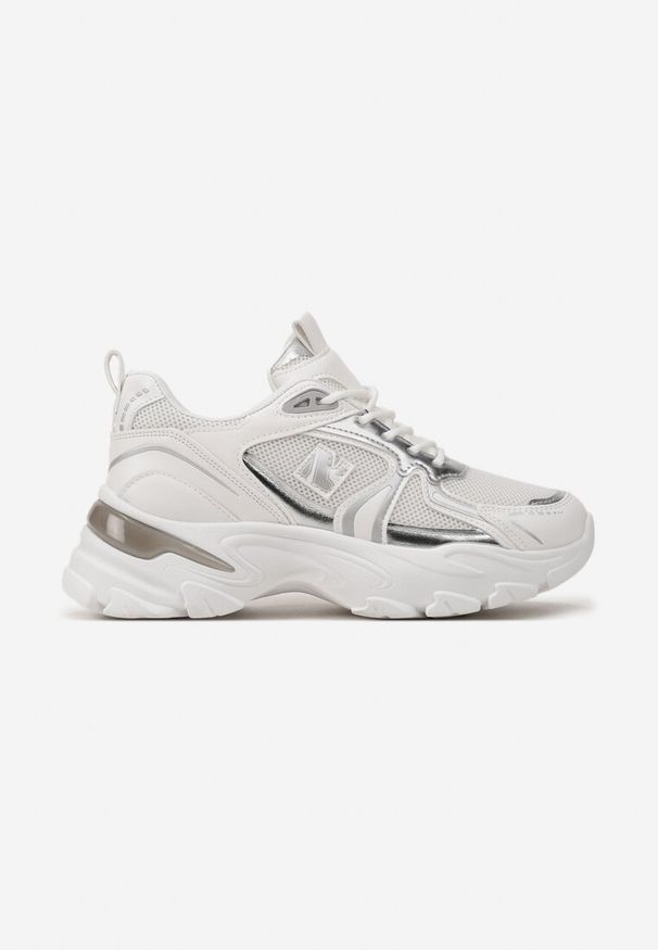 Born2be - Biało-Srebrne Sneakersy na Grubej Podeszwie z Błyszczącymi Wstawkami i Sznurowaniem Vilenra. Kolor: biały. Szerokość cholewki: normalna