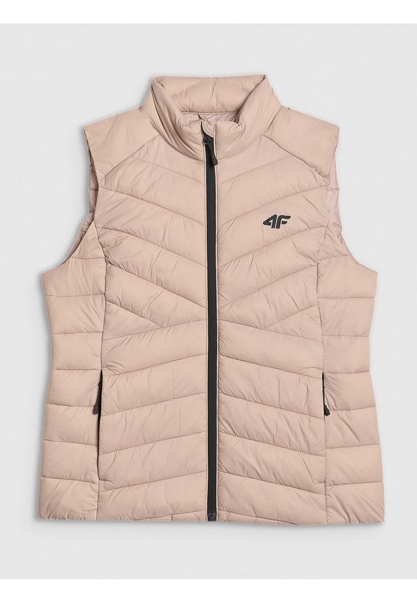 4f - 4F Bezrękawnik z wypełnieniem syntetycznym damski - beżowy XL. Typ kołnierza: kaptur. Kolor: beżowy. Materiał: syntetyk. Długość rękawa: bez rękawów. Wzór: jodełka