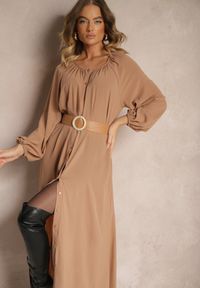 Renee - Beżowa Sukienka Palane. Kolor: beżowy. Materiał: materiał. Wzór: gładki, aplikacja. Styl: klasyczny. Długość: maxi #4