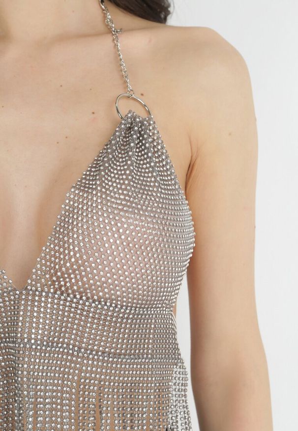 Born2be - Srebrny Top w Cyrkonie z Frędzlami Sulma. Okazja: na imprezę. Kolor: srebrny