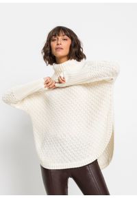 bonprix - Sweter oversize. Typ kołnierza: golf. Kolor: biały. Wzór: ażurowy