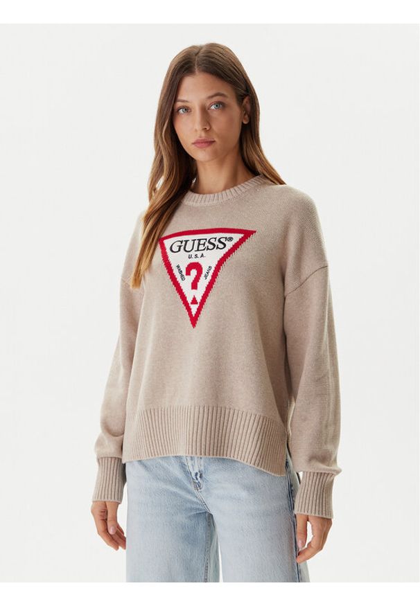 Guess Jeans Sweter W4BR12 Z3HM1 Beżowy Relaxed Fit. Kolor: beżowy. Materiał: bawełna
