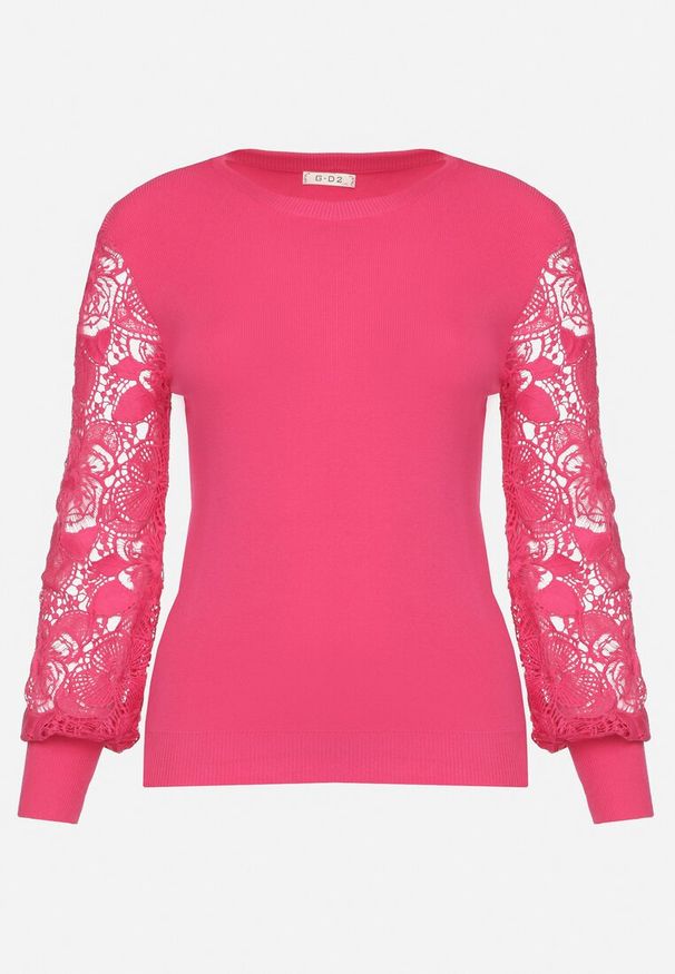 Born2be - Fuksjowa Bluzka z Bawełną i Wiskozą Ozdobione Koronką i Ściągaczami Eriannes. Okazja: na co dzień. Kolor: różowy. Materiał: wiskoza, koronka, bawełna. Wzór: aplikacja, koronka. Styl: elegancki, casual