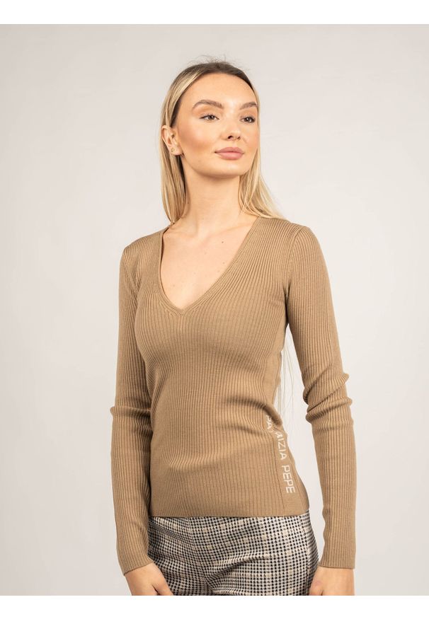 Patrizia Pepe Sweter | 2M4104/A9N0 | Kobieta | Beżowy. Typ kołnierza: dekolt w kształcie V. Kolor: beżowy. Materiał: wełna. Wzór: ze splotem
