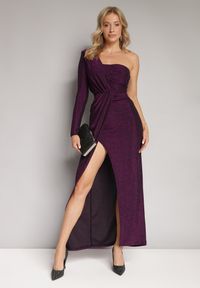Born2be - Fioletowa Metaliczna Sukienka Maxi o Asymetrycznym Fasonie z Kopertowym Dekoltem Ozelbia. Kolor: fioletowy. Materiał: materiał. Długość rękawa: długi rękaw. Typ sukienki: asymetryczne, kopertowe. Długość: maxi #7