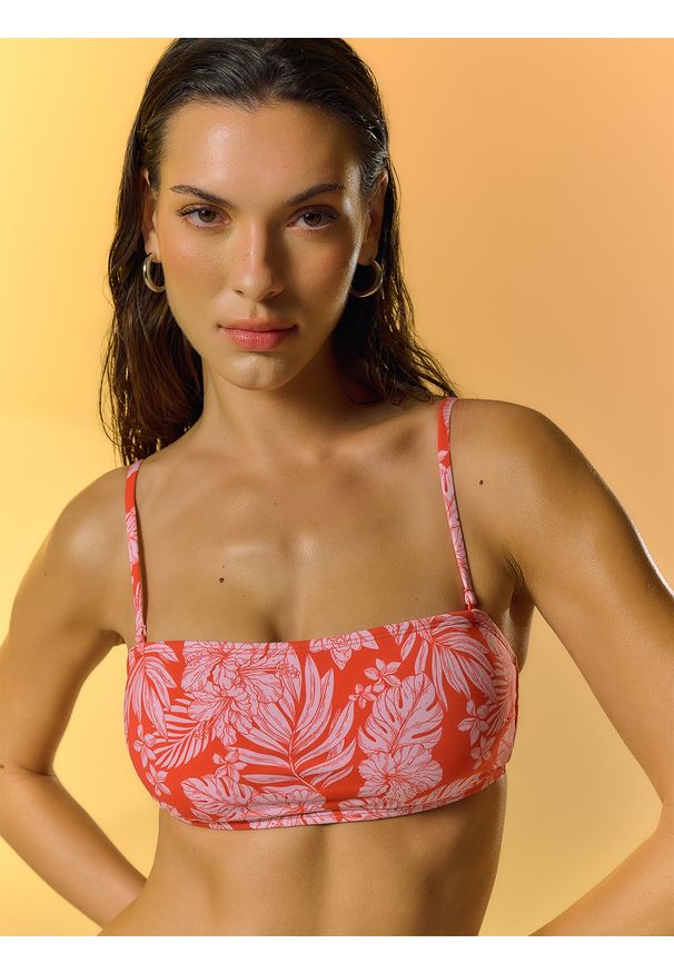 4f - 4F Góra od bikini damska - czerwona L. Kolor: czerwony. Materiał: materiał, skóra. Długość: długie