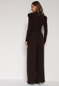 Born2be - Brązowy Elegancki Komplet Szerokie Spodnie i Bluzka z Usztywnianymi Ramionami Sewesta. Kolor: brązowy #4