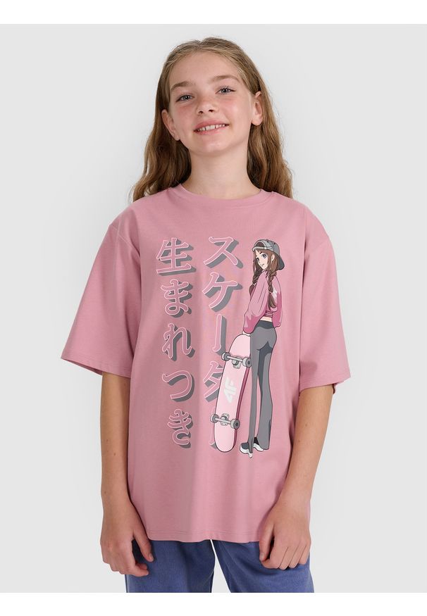 4f - 4F T-shirt oversize z nadrukiem dziewczęcy - różowy 128 (7-8 lat). Kolor: różowy. Materiał: skóra. Wzór: nadruk. Sezon: lato