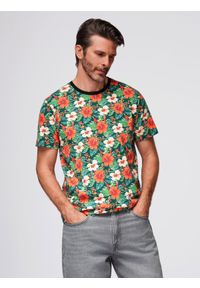 Ombre Clothing - Męski t-shirt bawełniany w kwiatowy wzór full print – czarny V2 - Rozmiar: XL. Okazja: na spacer, na co dzień. Kolor: czarny. Materiał: bawełna. Długość rękawa: krótki rękaw. Długość: krótkie. Wzór: kwiaty, nadruk. Sezon: lato. Styl: elegancki, wakacyjny, casual