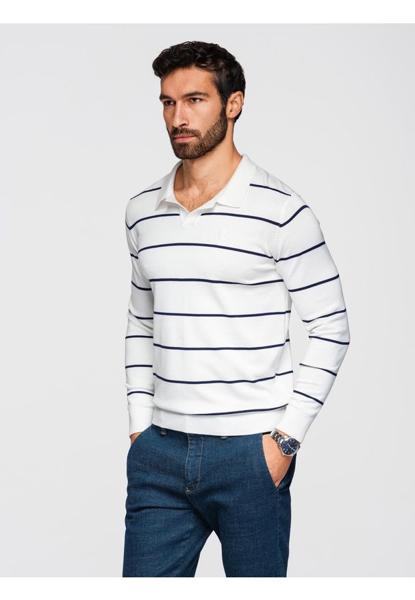 Ombre Clothing - Męski longsleeve polo w poziome paski z wiskozą – biało-granatowy V2 - Rozmiar: XXL. Okazja: na co dzień, do pracy. Typ kołnierza: polo. Kolor: biały. Materiał: wiskoza. Długość rękawa: długi rękaw. Długość: długie. Wzór: paski. Styl: casual, elegancki
