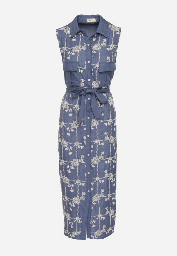 Born2be - Niebieska Sukienka Bez Rękawów o Koszulowym Kroju z Paskiem Zdobiona Haftem Fodarela. Okazja: na co dzień. Kolor: niebieski. Długość rękawa: bez rękawów. Wzór: aplikacja, haft. Sezon: lato. Typ sukienki: koszulowe. Styl: casual, elegancki, klasyczny