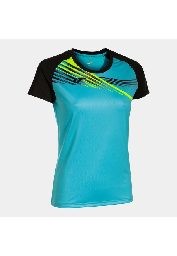 Damski t-shirt sportowy Joma Elite X w kolorze turkusowym i czarnym. Kolor: wielokolorowy, niebieski, czarny. Materiał: poliester, elastan. Sport: bieganie