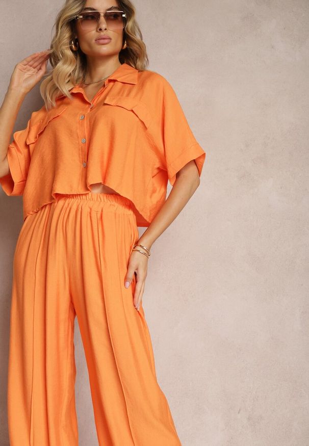 Renee - Pomarańczowy 2-Częściowy Komplet z Wiskozy Koszula o Luźnym Kroju Szerokie Spodnie Velvitela. Kolor: pomarańczowy. Materiał: wiskoza. Wzór: bez wzorów