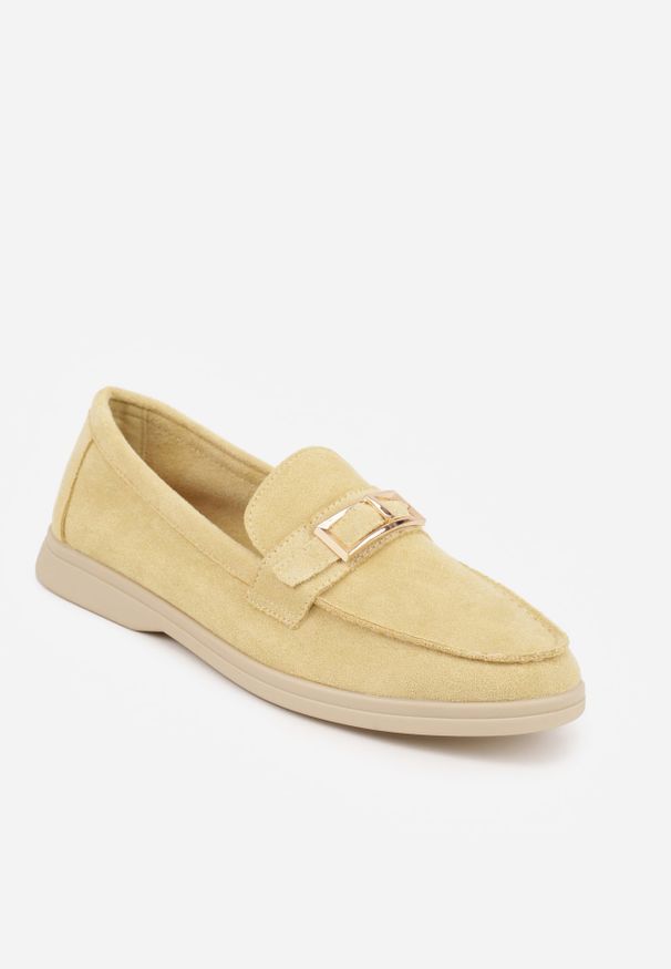 Renee - Żółte Mokasyny Ozdobione Metaliczną Klamrą Murielori. Okazja: do pracy, na co dzień, na spotkanie biznesowe. Zapięcie: klamry. Kolor: żółty. Materiał: jeans. Wzór: aplikacja. Styl: elegancki, biznesowy, casual