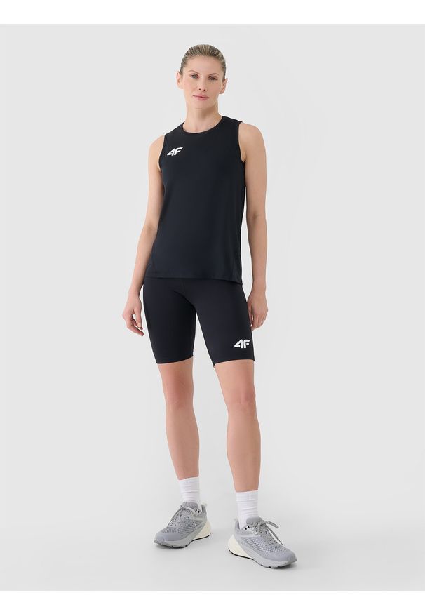 4f - 4F Legginsy kolarki treningowe damskie - czarne M. Kolor: czarny. Materiał: dzianina, włókno, syntetyk, materiał, elastan. Wzór: gładki, ze splotem, jednolity. Sport: fitness