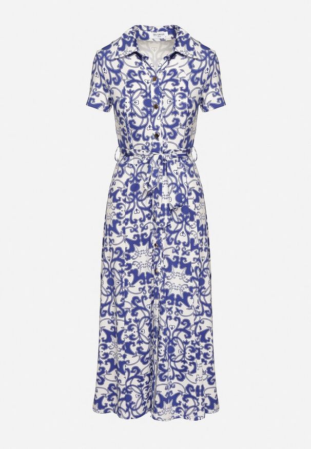 Born2be - Biało-Granatowa Sukienka Midi Koszulowa z Paskiem w Talii w Ornamentalny Print Fiamea. Kolor: biały. Materiał: materiał. Wzór: nadruk. Typ sukienki: koszulowe. Długość: midi