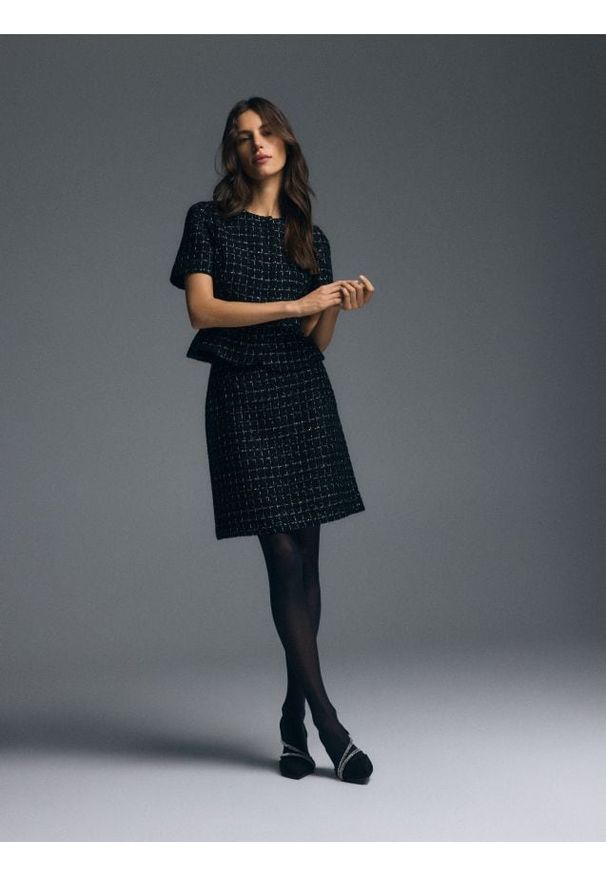 Reserved - Tweedowa spódnica mini - czarny. Kolor: czarny. Materiał: tkanina