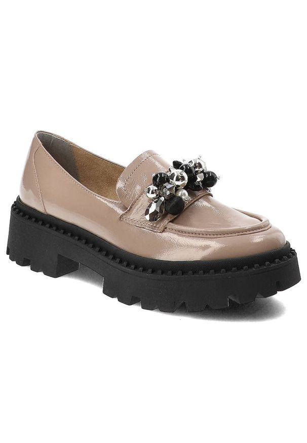 Beżowe Półbuty Armodo Modne Buty Damskie. Okazja: na co dzień. Kolor: beżowy. Materiał: skóra, lakier. Wzór: aplikacja. Styl: casual, elegancki