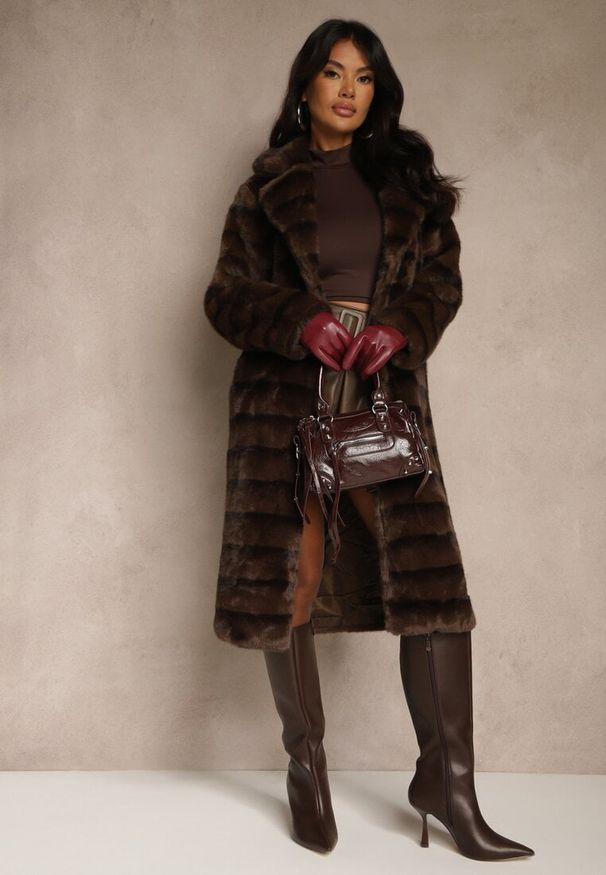 Renee - Brązowy Płaszcz Futerko z Dodatkowym Wiązanym Paskiem Alinella. Okazja: na randkę. Kolor: brązowy. Materiał: futro. Styl: klasyczny, elegancki